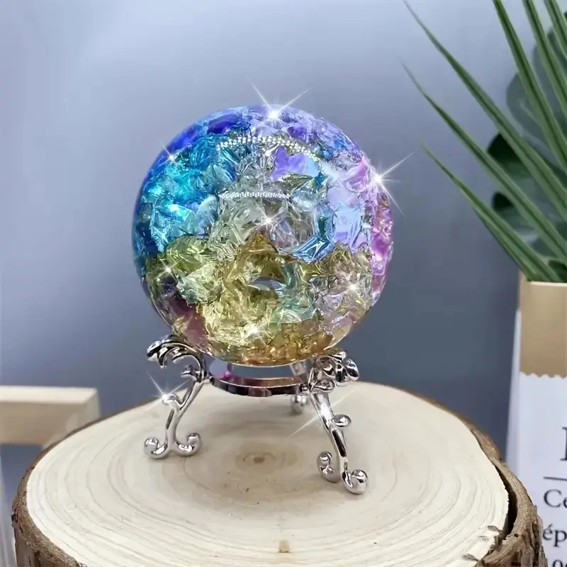 1pc colored glass crystal ball with metal bracket-cracked multi-color glass ball