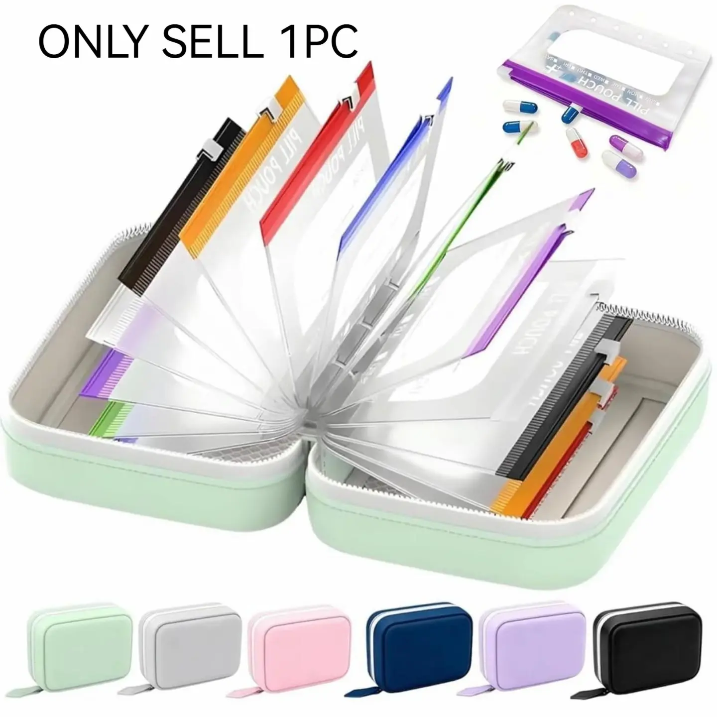 Waterproof Pill Organizer/Pouch Set, Travel Medicine Organizers with 14 Color-Coded Pouches, Leakproof Reusable Zippered Storage Case, Compact Daily Pills Holder, Portable Vitamin Organizer