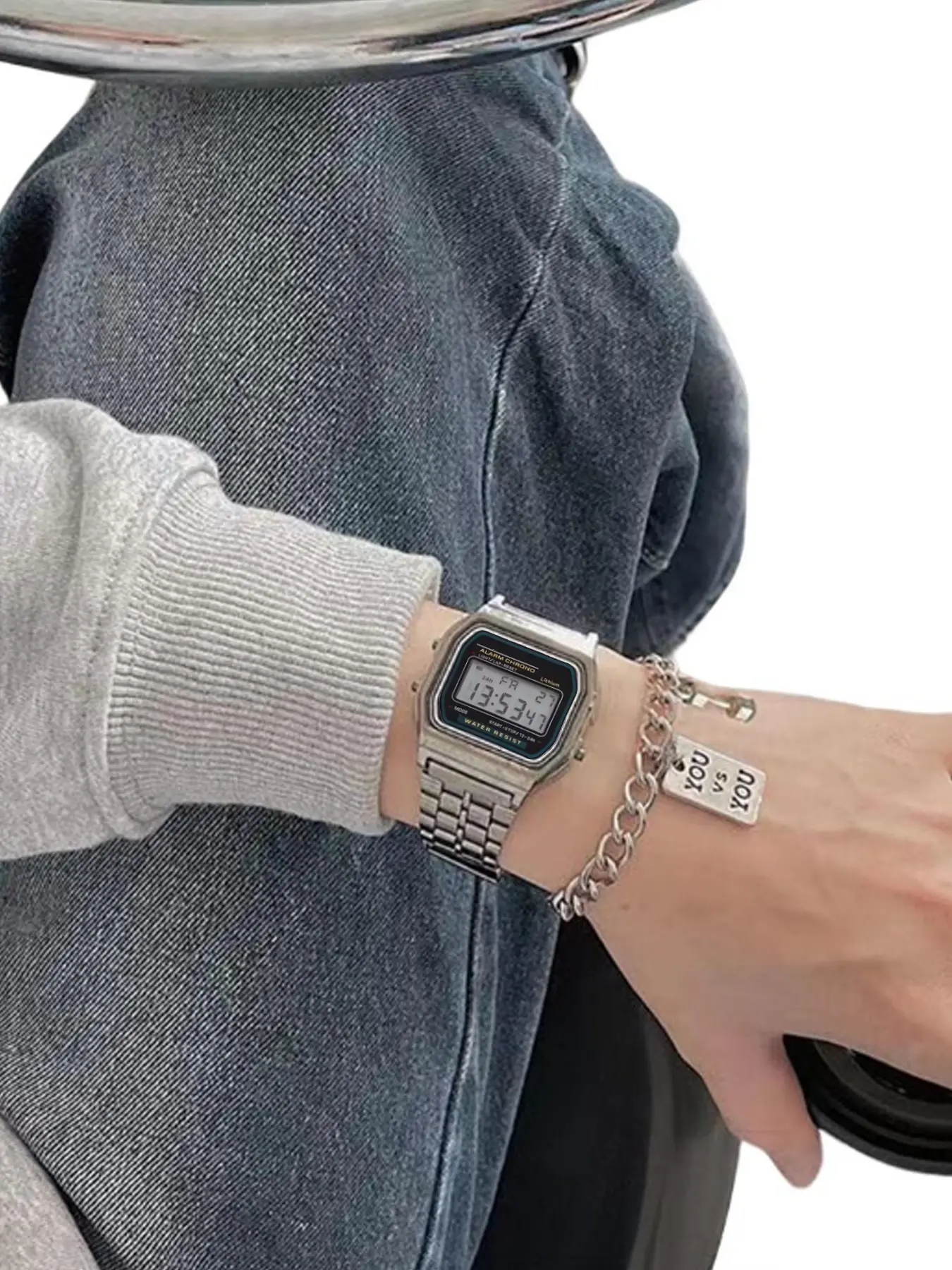 Men's Silver Color Stainless Steel Strap Digital Watch, Quartz Analog Wristwatch, Square Dial, Includes Bracelet, Ideal Gift for Students, Daily Use