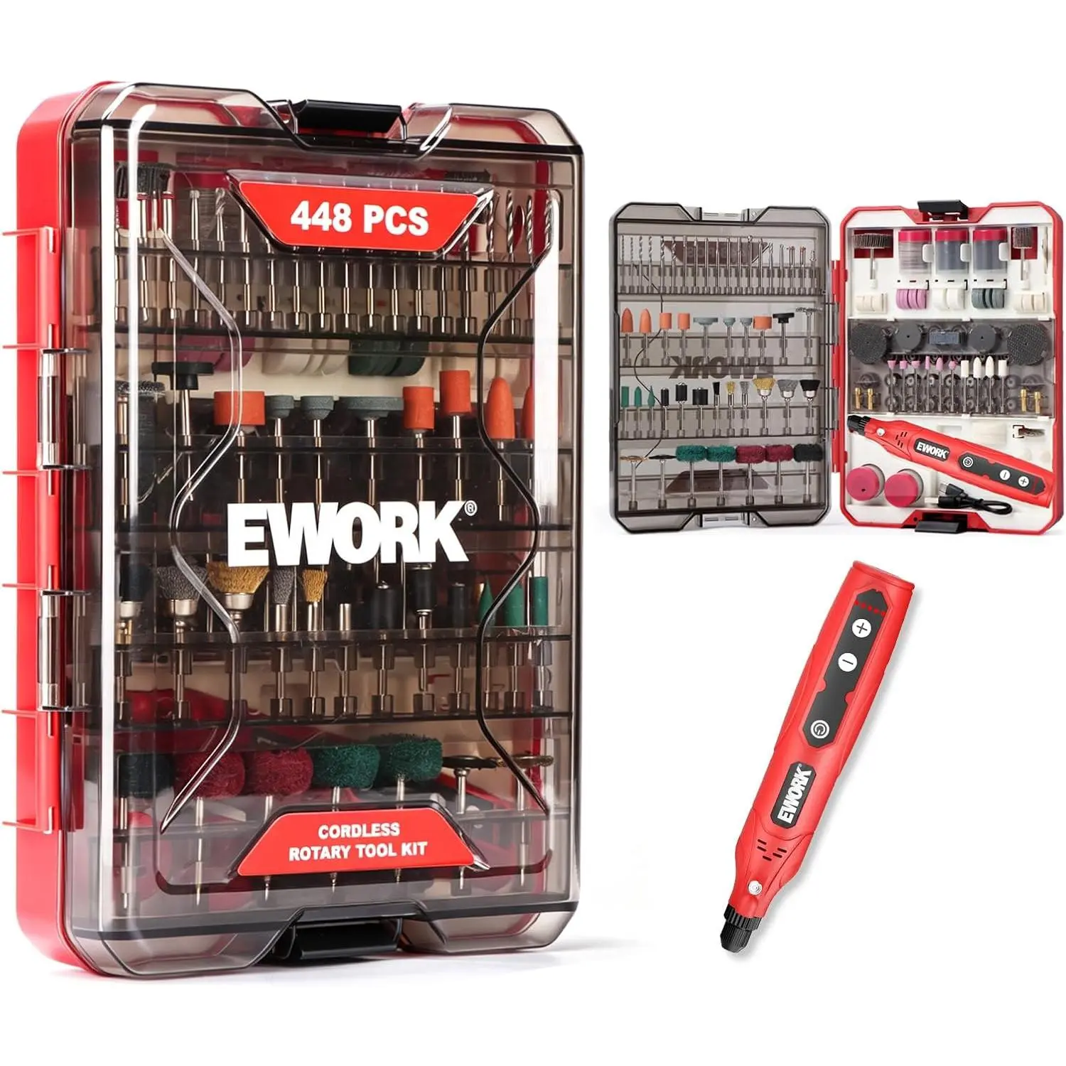 EWORK 448PCS Cordless Rotary Tool Kit, 4V 5-Speed Power Rotary Tool Accessories Kit for Drilling, Engraving, Sanding, Polishing, Cutting, Carving, Grinding and Cleaning