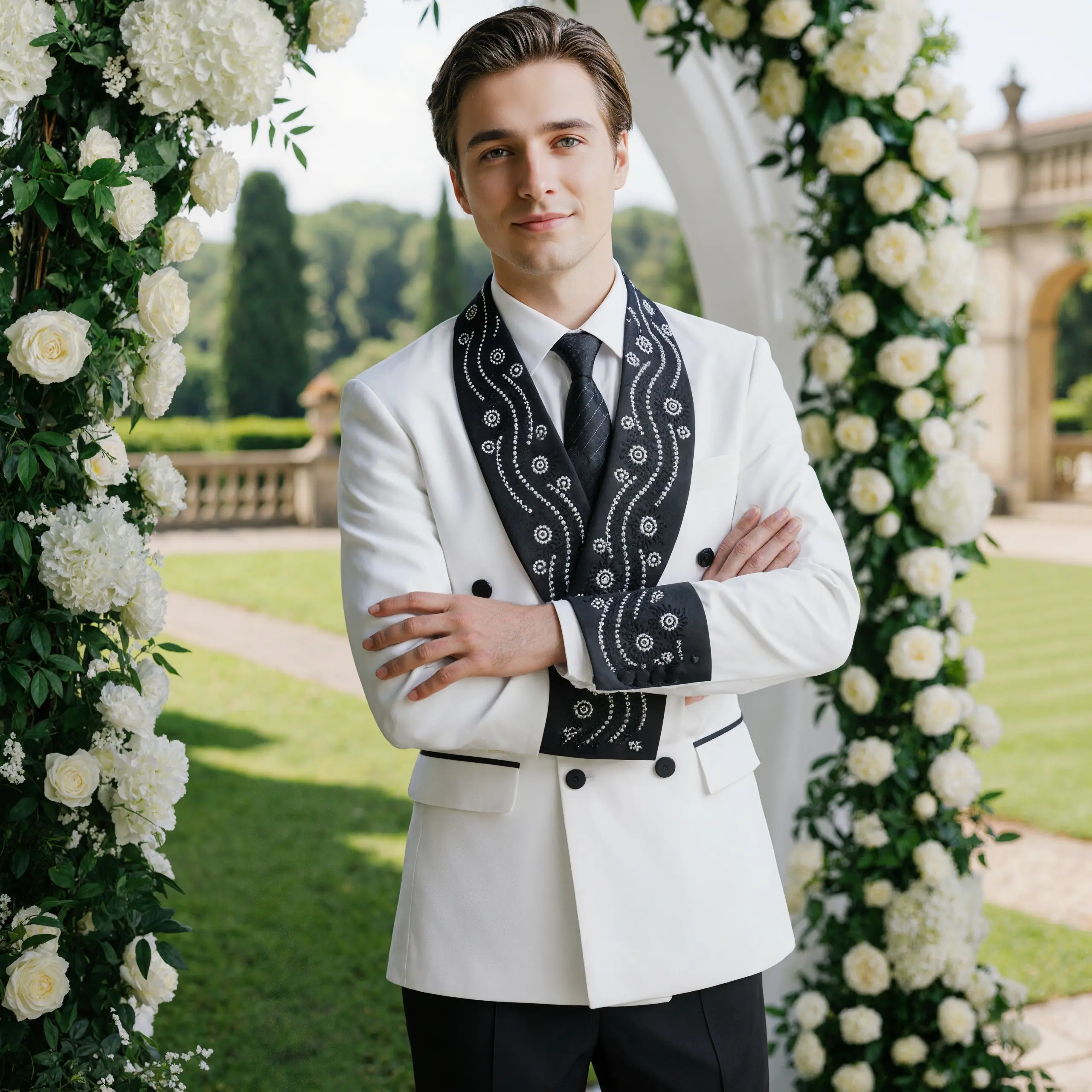 Men's Luxury 2-Piece Black & White Contrast Tuxedo – Rhinestone Shawl Lapel Double-Breasted Suit for Weddings & Formal Galas