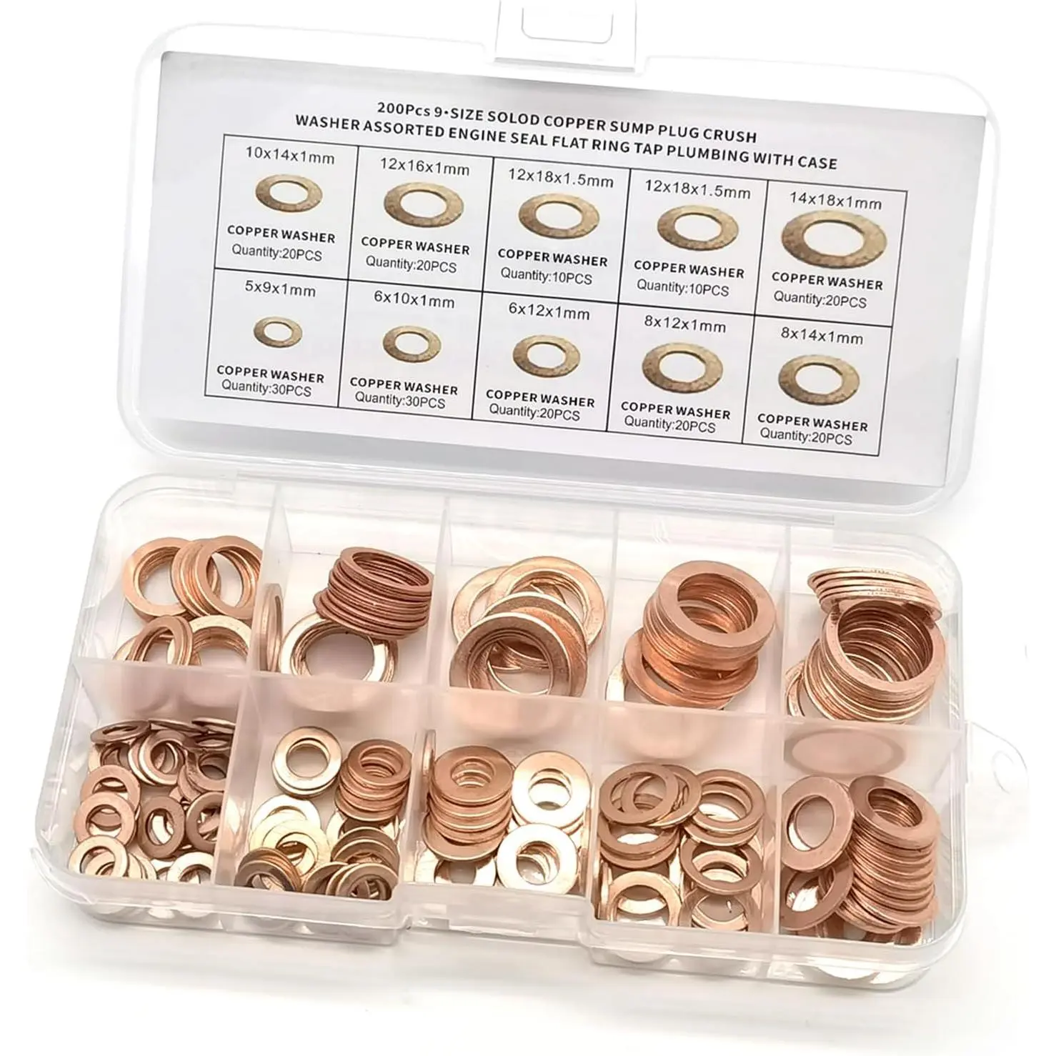 200 count Flat Washers  Kit, 9 Sizes Copper Metric Sealing Crush Washer Gasket, Oil Drain Plug Gaskets M5 M6 M8 M10 M12 M14,  for  ,  ()