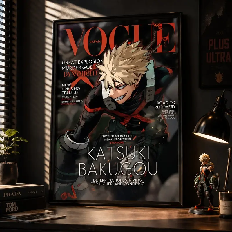 Katsuki Bakugo Vogue Cover Canvas Home Wall Art for Adult Fans, Mid-century Modern Black Flash Manga Wall, Y2K Y3K Aesthetic 1980s Retro Cinematic Poster, Anime Fashion Magazine Print for Trendy Girls, Print Design