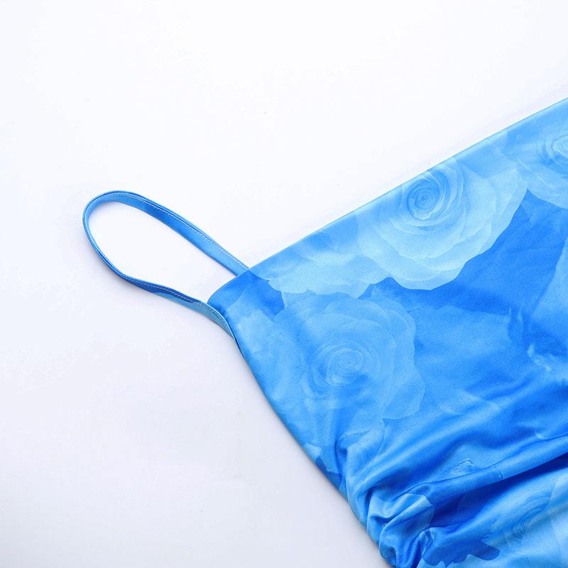 Rose Print Ruched Lace Up BacklessCami Dresses for Women, ElegantSleeveless Bodycon Capri Sun DressLong Dress for Summer, BirthdayDresses 2024, Fashion Women'sDress for Beach Holiday, Capri SunDress Valentine's Day, gift Casual Womenswear Blue Floral