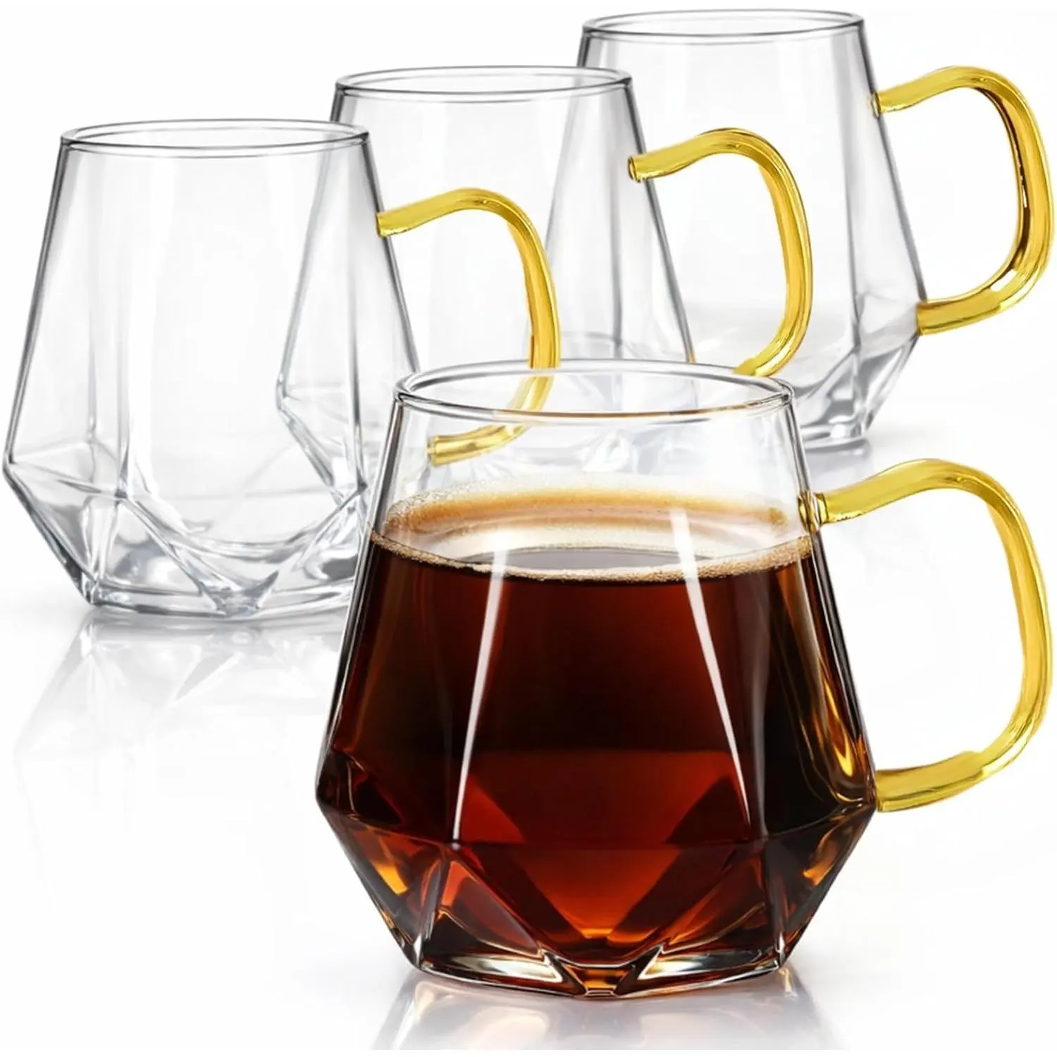 Set of 4 Glass Espresso Cups, 10 Oz Clear Coffee Mugs with Handle |  Shape Espresso  Drinking Cups for Hot and Cold Beverages, , Latte, Cappuccino, Juice, Milk, Lightweight
