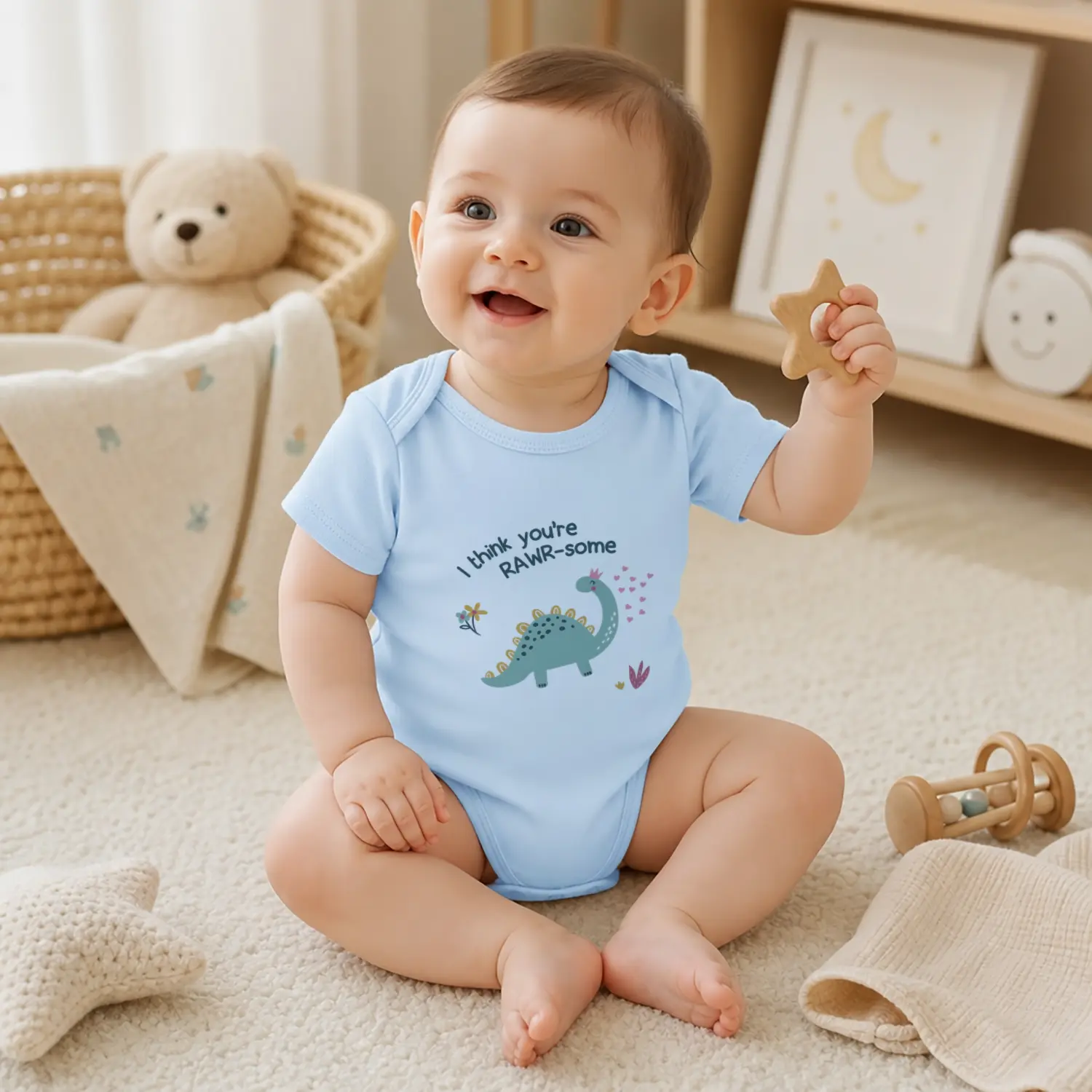 Unisex Baby Pure Cotton Clothing "RAWR-some" Graphic Slogan Bodysuit, 0-24M Short Sleeve Crew Neck Stretchy Jumpsuit with Easy Snaps for Summer Everyday Wear, Stretchy Fit