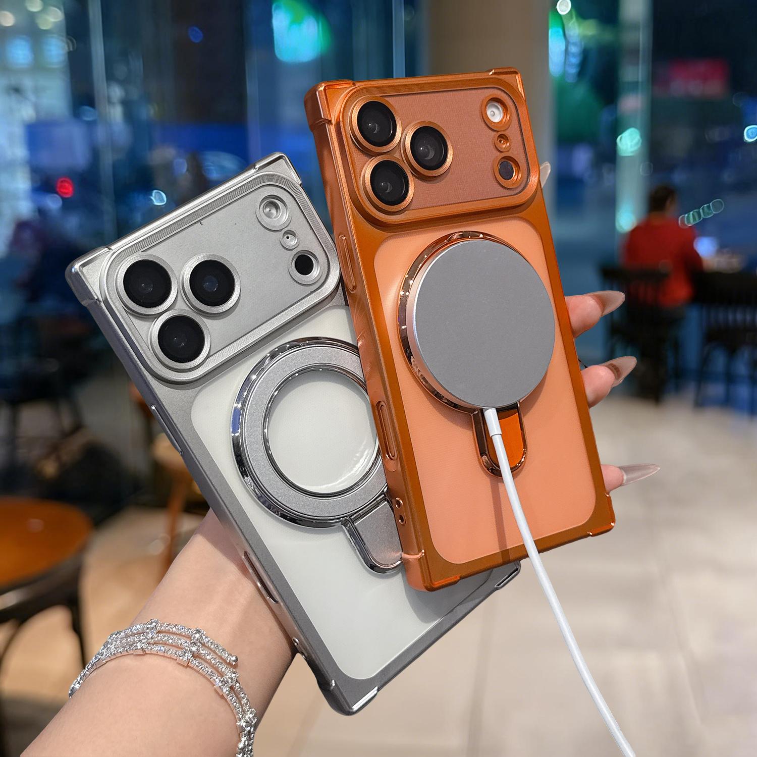 Rectangle Magnetic Clear Case for iPhone 17 Pro Max 16 15 14 13 with Magnetic Ring Stand [Compatible with Mag-Safe] [Full Camera Lens Protector] Plating Clear Phone Case