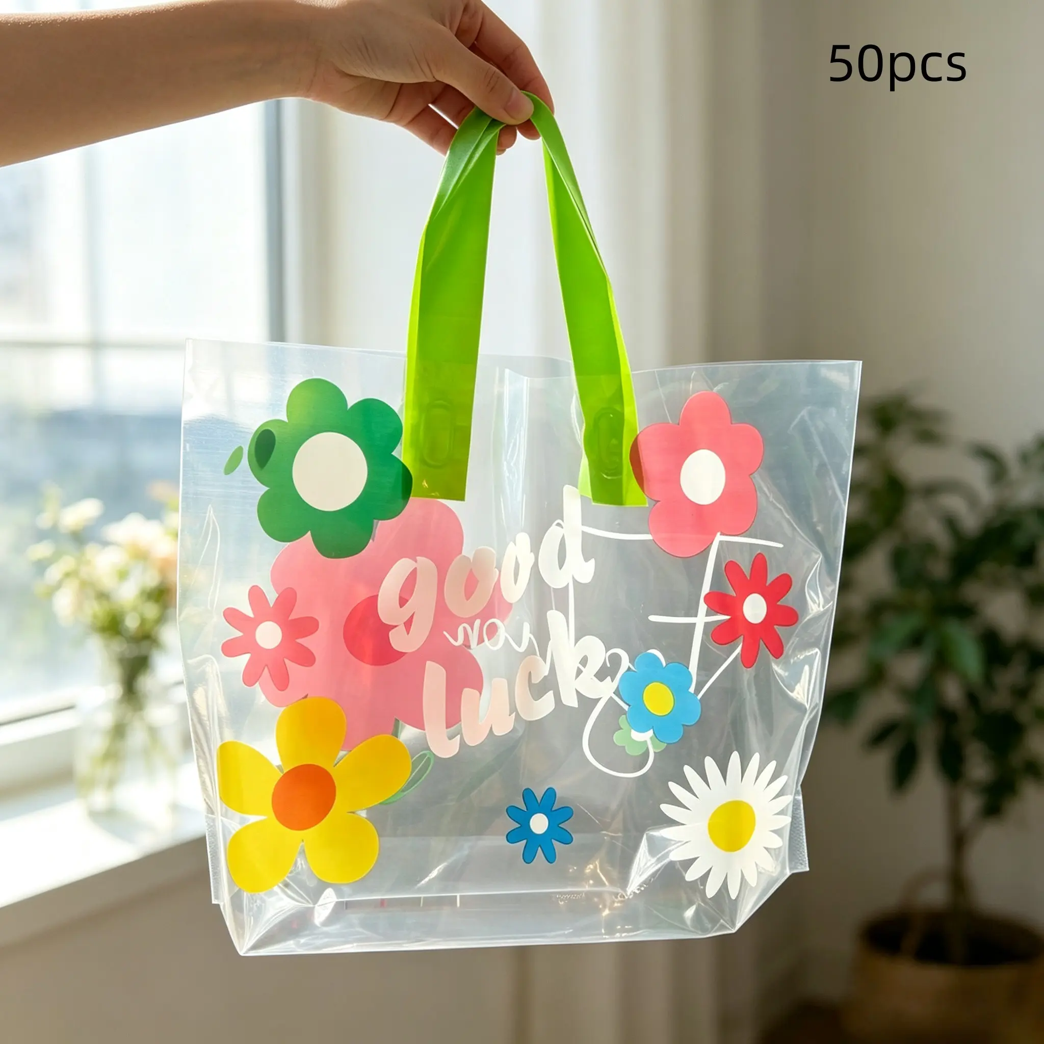 50 New Transparent Floral Plastic Handbags, Style Shopping Bags, Home Goods, Outing, Fashion Store, Mall Packaging Bags