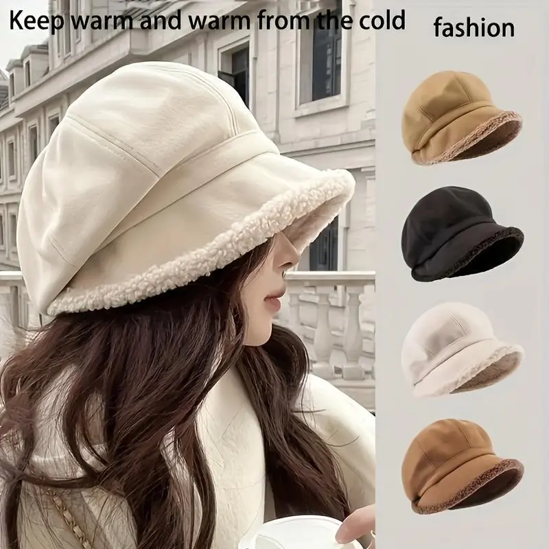 Women's Plain Plush Bucket Beanie - Keep Warm Fleece-Lined Winter Hat with Ear Protection, Non-Stretch Linen Fabric, Knit Heart Design, Unisex Western Newsboy Style for Outdoor Cold Weather, Streetwear Accessory, Keep Warm Hats