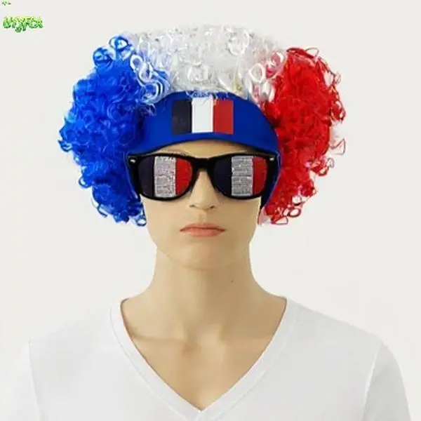2 Piece France Tricolor Fan Costume Set, Blue White Red Fluffy Afro Curly Wig With French Flag Headband And France Flag Print Lens Sunglasses, Adult Cheer Accessory Kit For National Themed Party Decor Celebrating France's victory