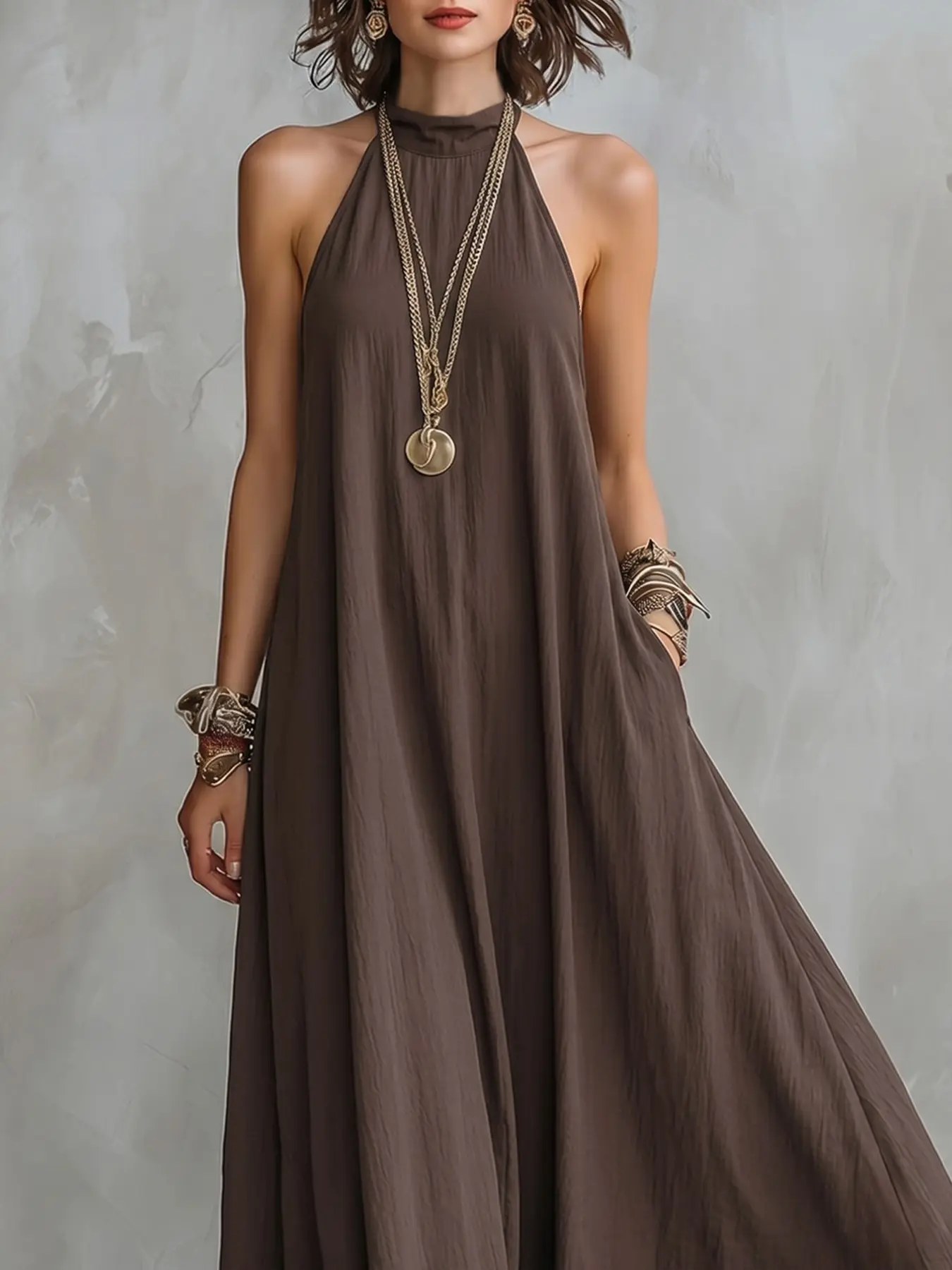 Backless Halter Dress, Textured Loose Fit Maxi Dress, Vacation Style Beach Resort Wear Elegant Lazy Chic Goddess Look, Sleeveless Long Dress, Boho Backless Dress, Boho Sundress