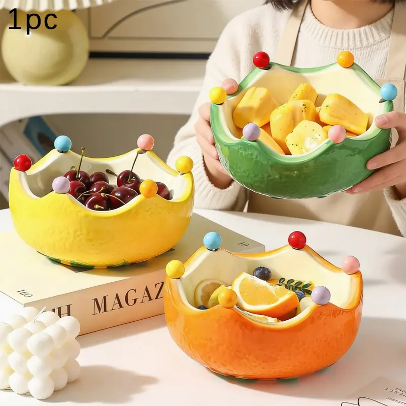 7Pcs Ceramic Orange Fruit Plate & Fork Set (1 Plate + 6 Forks), Lucky "Great Luck" Design Serving Bowl with Fruit Fork Storage, Dessert Forks & Decorative Bowl for Living Room Coffee Table, Cute Creative Home Table Decor Ornament
