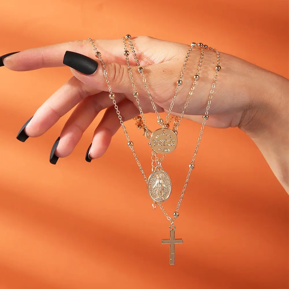 1Pc Women Teens 3-Layered Cross Virgin Mary Coin Pendant Necklace Vintage Gold Tone Beaded Chain Everyday Wear Religious Gift Layered Catholic Jewelry Y2K Aesthetic Trendy Accessories
