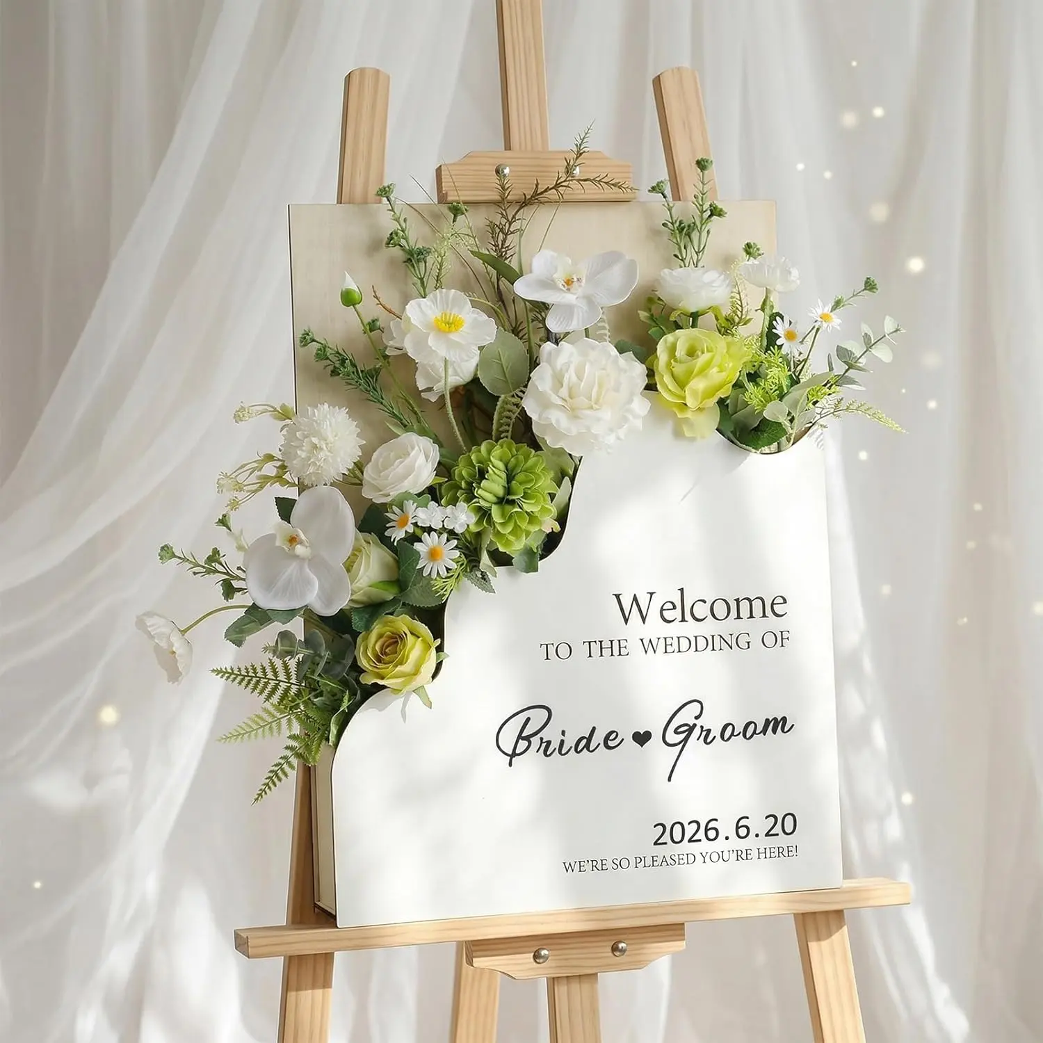 RattanView Wooden Wedding Welcome Sign, 24x18in Vinyl Photo Sign with Lightweight Flower Box & 4 Floral Vase Slots, Custom Name & Date Decorative Plaque for Wedding Reception Indoor-Outdoor Home Decor