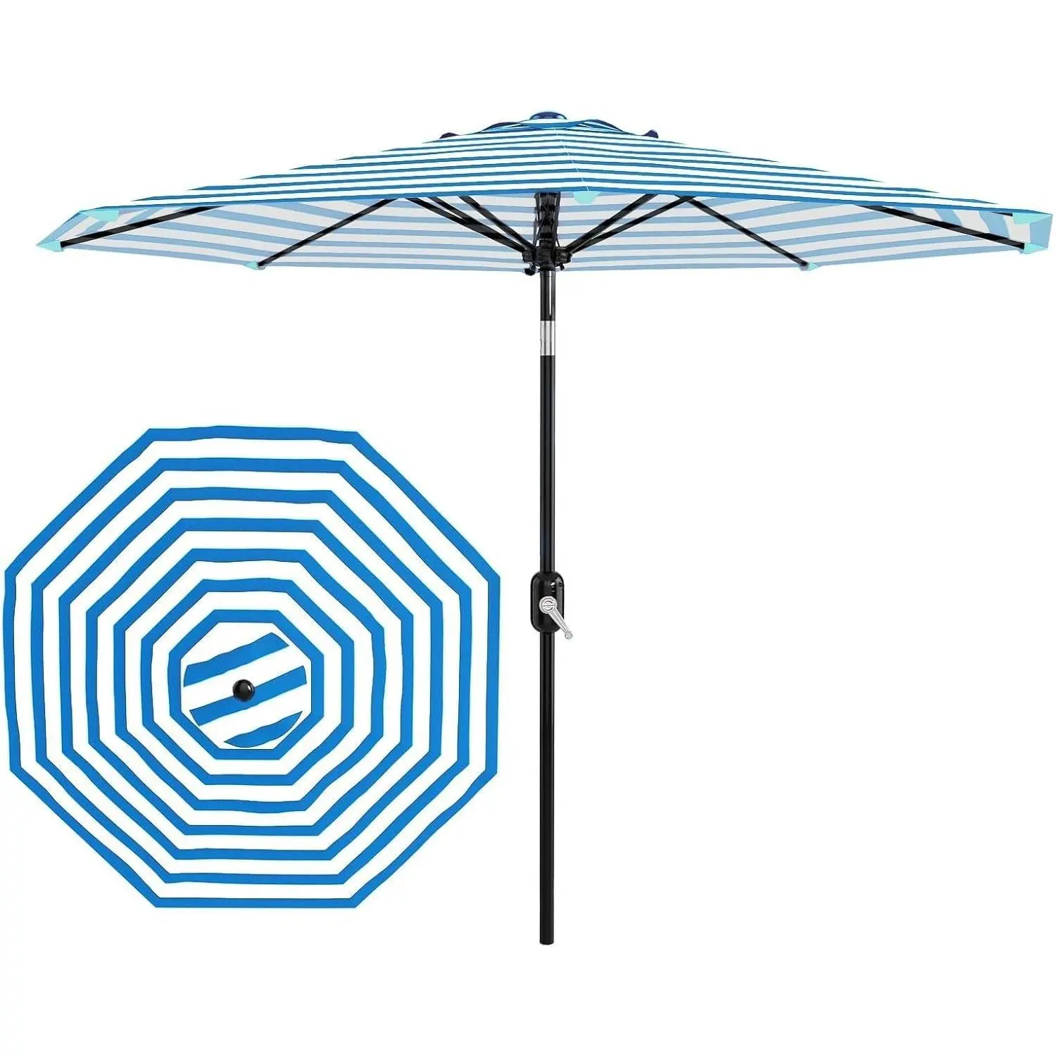 9FT Striped Polyester Patio Umbrella - 8 Iron Ribs, Crank & Tilt Operation, Adjustable Waterproof UV Sun Protection Sun Shade for Garden, Outdoor Living Spaces