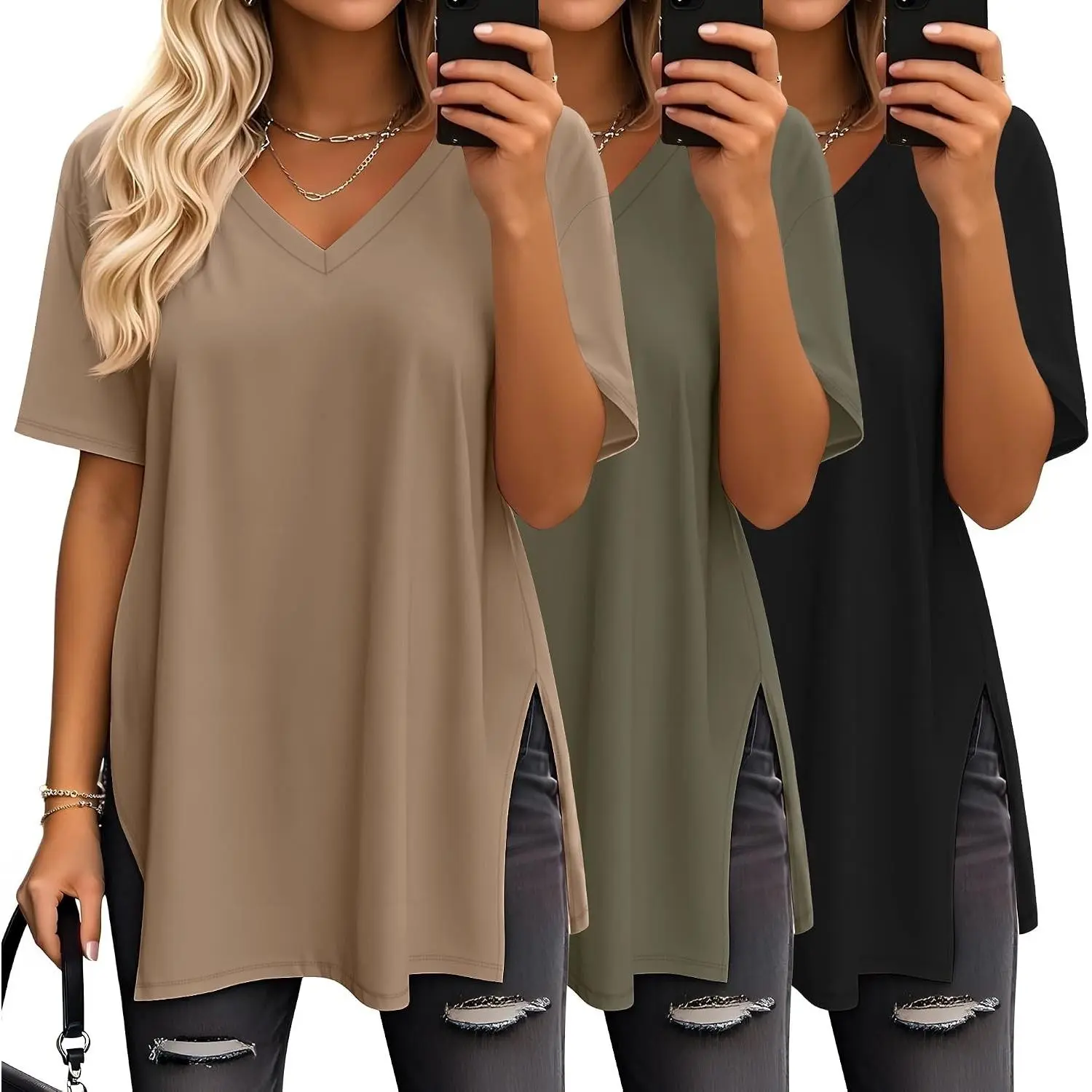 3 Pack Oversized Shirts for Women V Neck Workout T Shirt Casual Side Split Tee Short Sleeve Loose Tops Tunic Tops