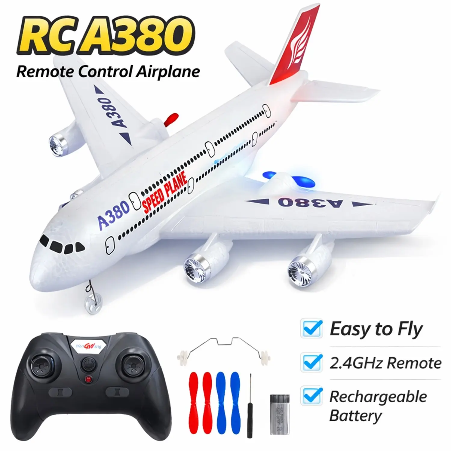 Remote Control Airplane A380, 2.4GHz Foam Glider, Easy to Fly, Lightweight Durable, Beginner Friendly Toy Aircraft