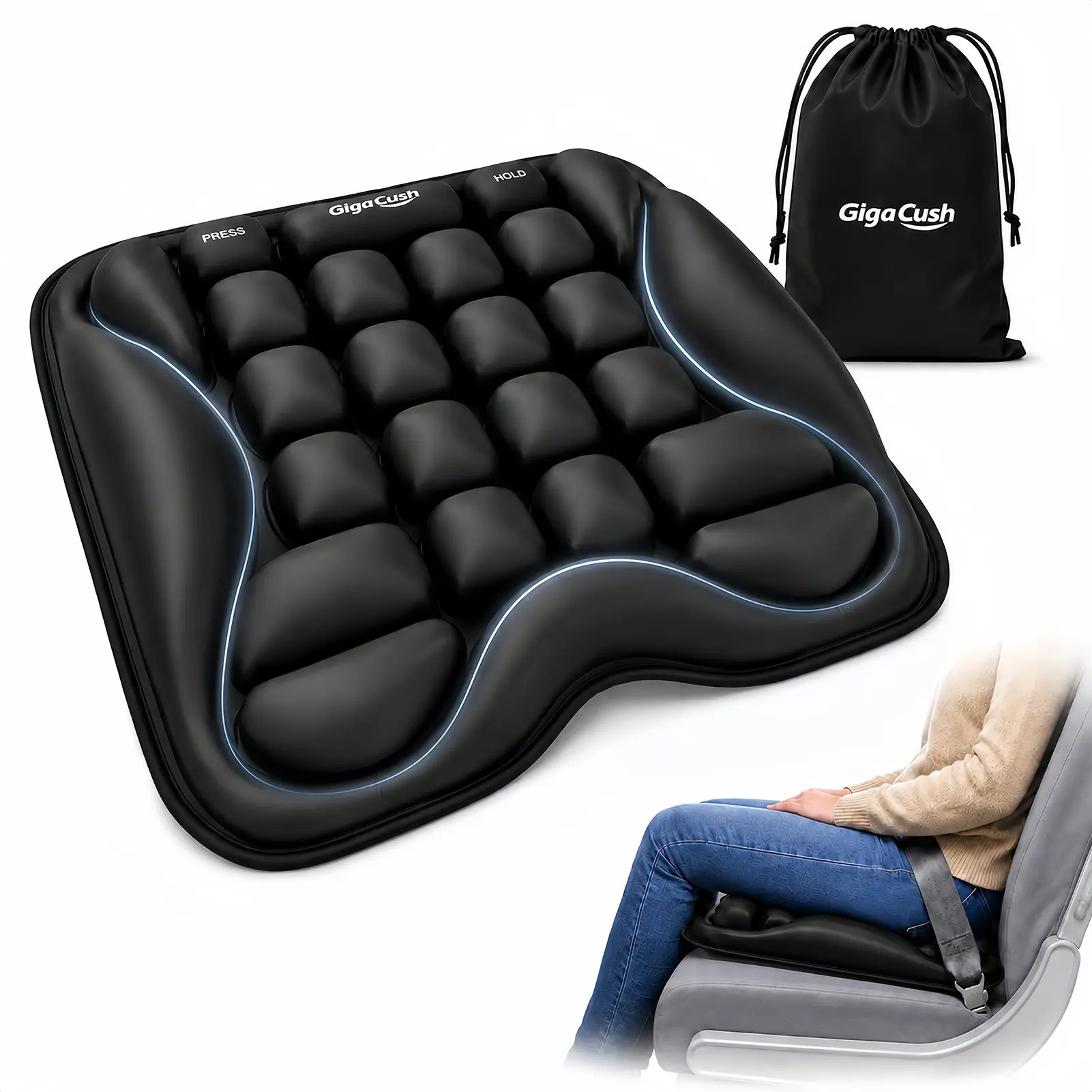 GigaCush Inflatable Airplane Seat Cushion - TPU Air-Cell Travel Pad for Long Flights, Single User Quick-Inflate Cushion for Car Use