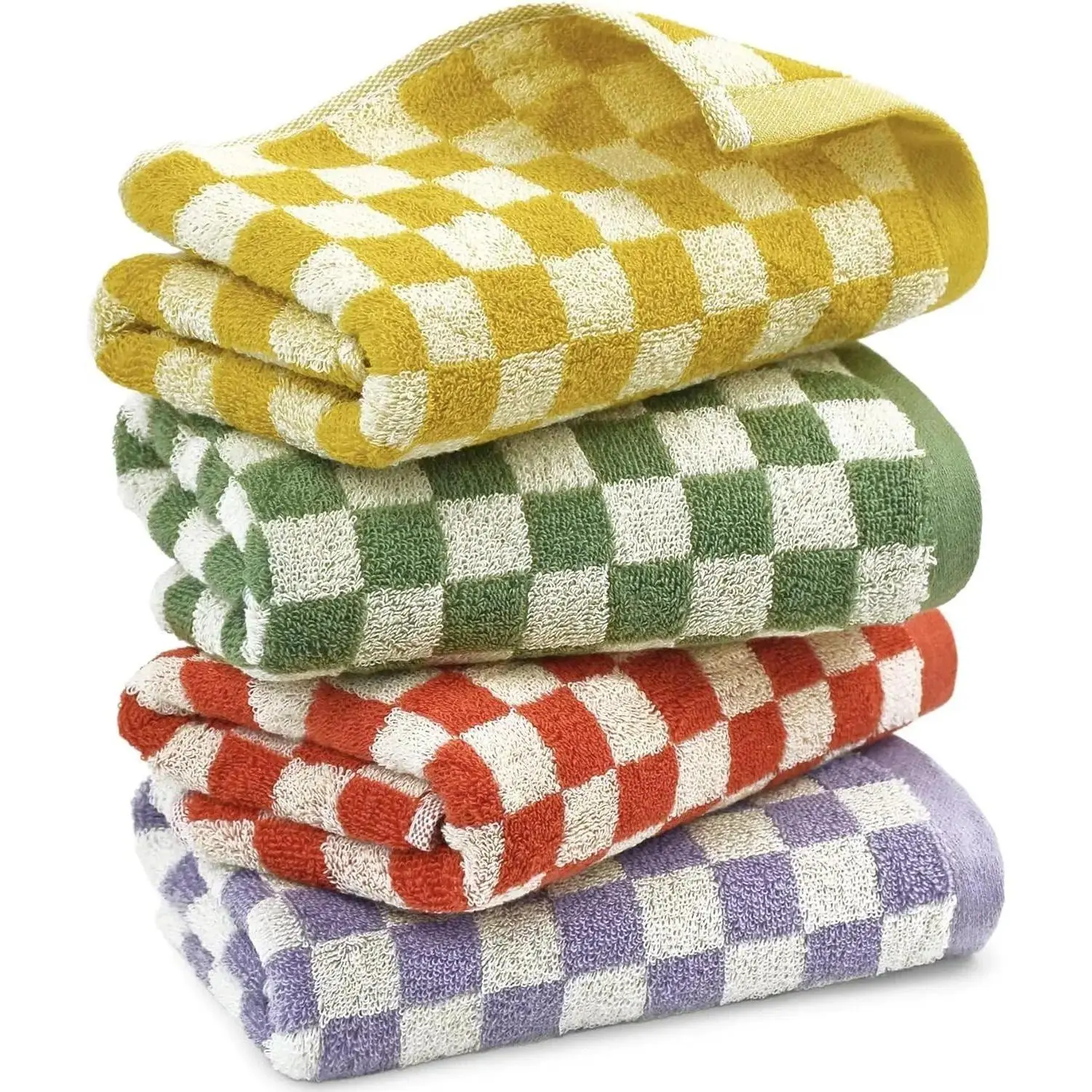 Soft Cotton Hand Towels 4 Pack, Absorbent & Quick Dry, Checkered Design, 13x29 Inches, 4 Colors