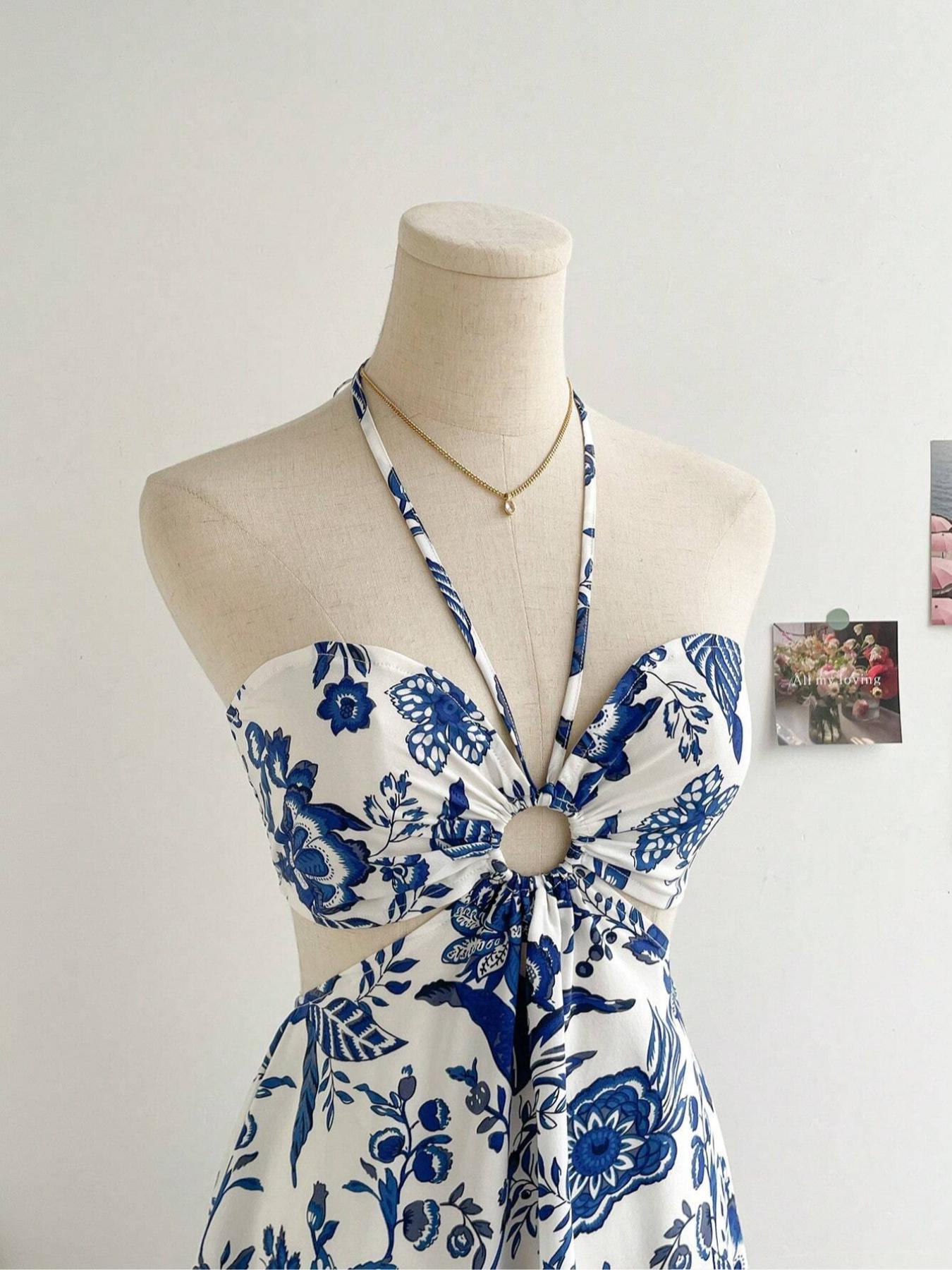 Women's Blue Porcelain Print Halter Dress, A-Line Skirt Hem, Casual Beach Vacation Wear, Bohemian Floral Pattern, Fitted Style