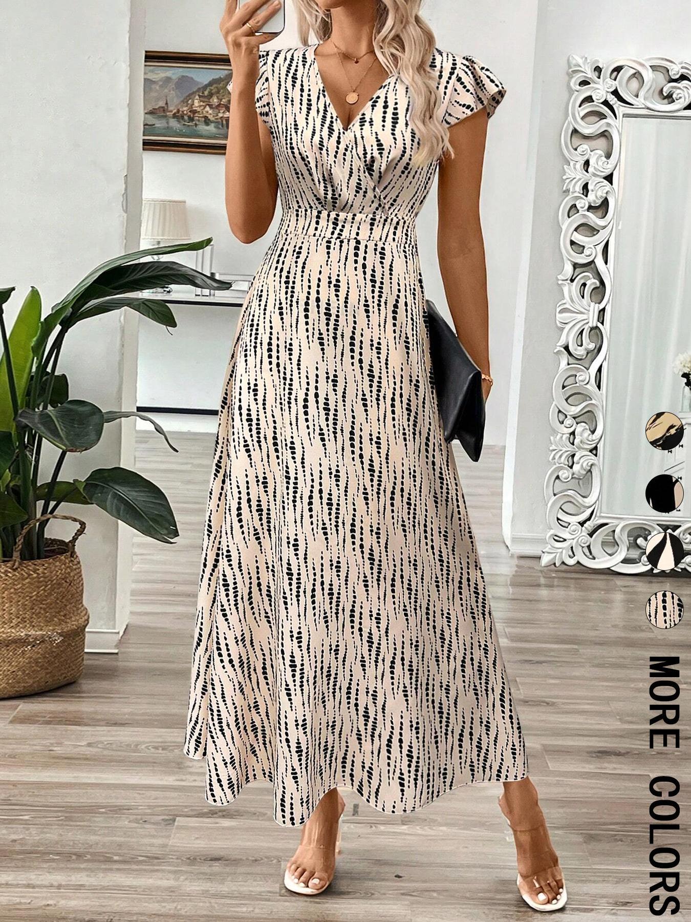 Women's Floral Print V Neck Dress, Boho Short Sleeve A-line Dress for Beach Holiday Vacation, Ladies Summer Clothes, Bohemian Boho Casual