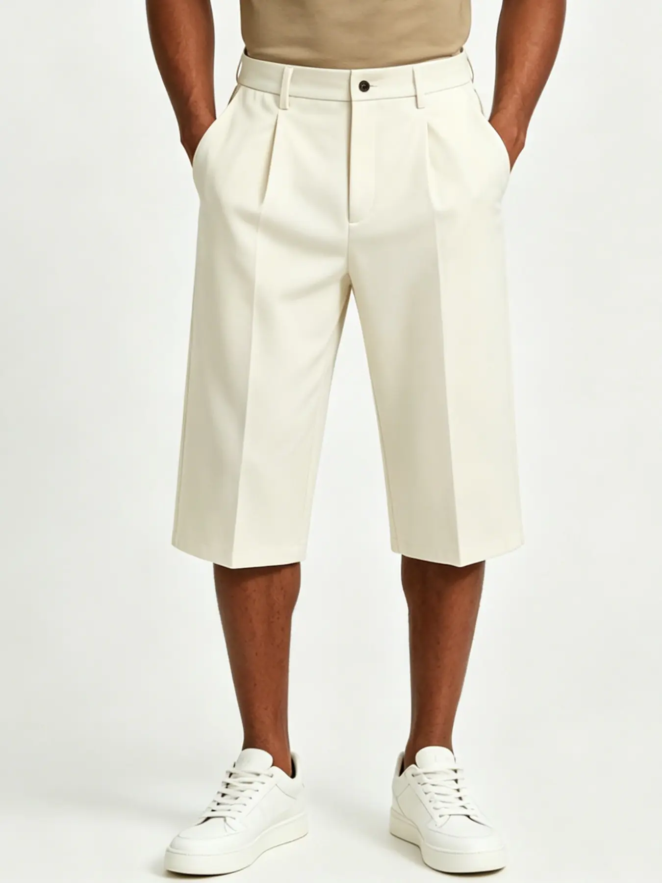 Men's Pleated Three-Quarter Pants, High-Waisted Wide-Leg Bermuda Shorts, Pocketed Business Casual Short Pants, Men's Bottoms