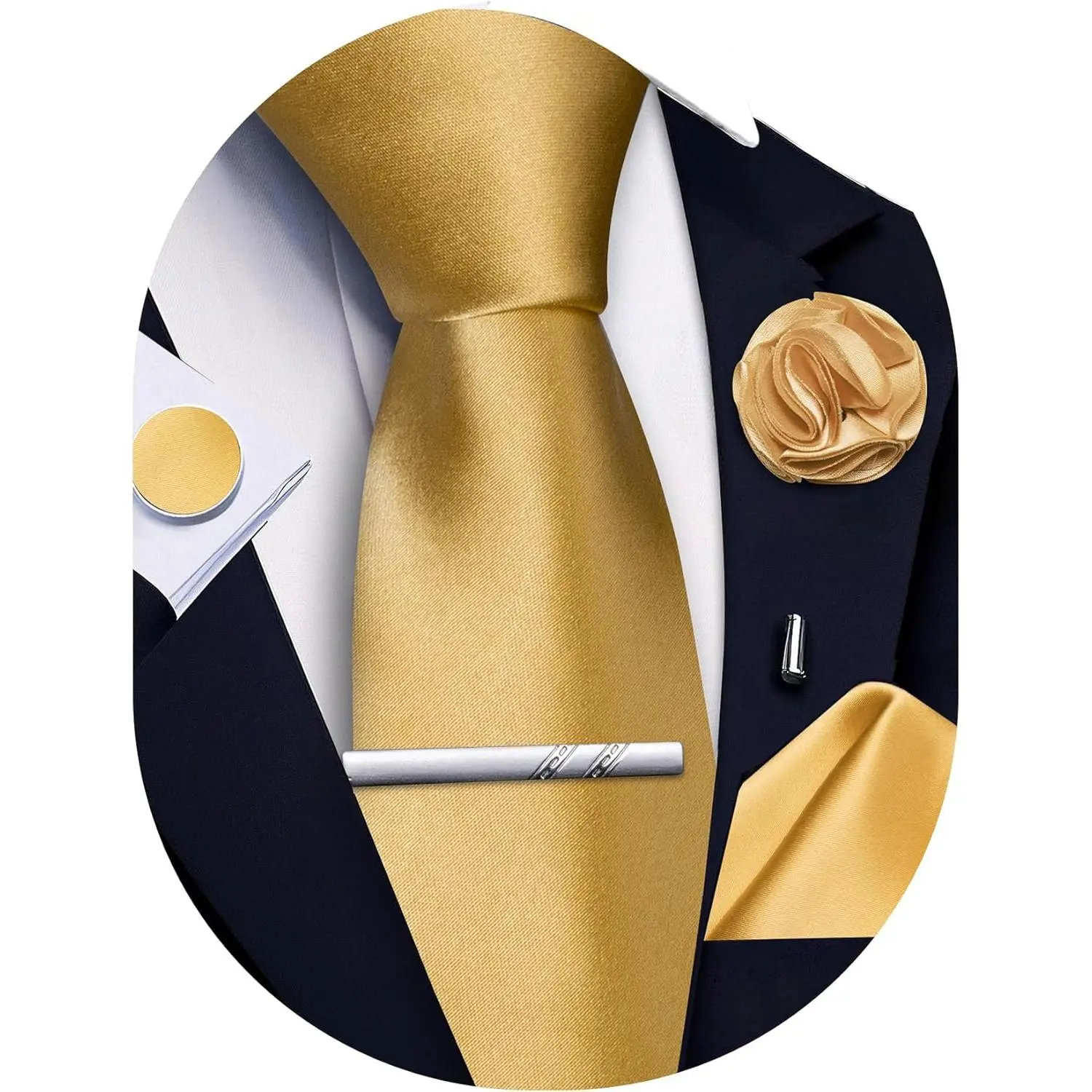 Solid Color Ties for Men Silk Satin Necktie and Pocket Square Cufflinks Tie Clip Lapel Pin Set Wedding Business 5PCS