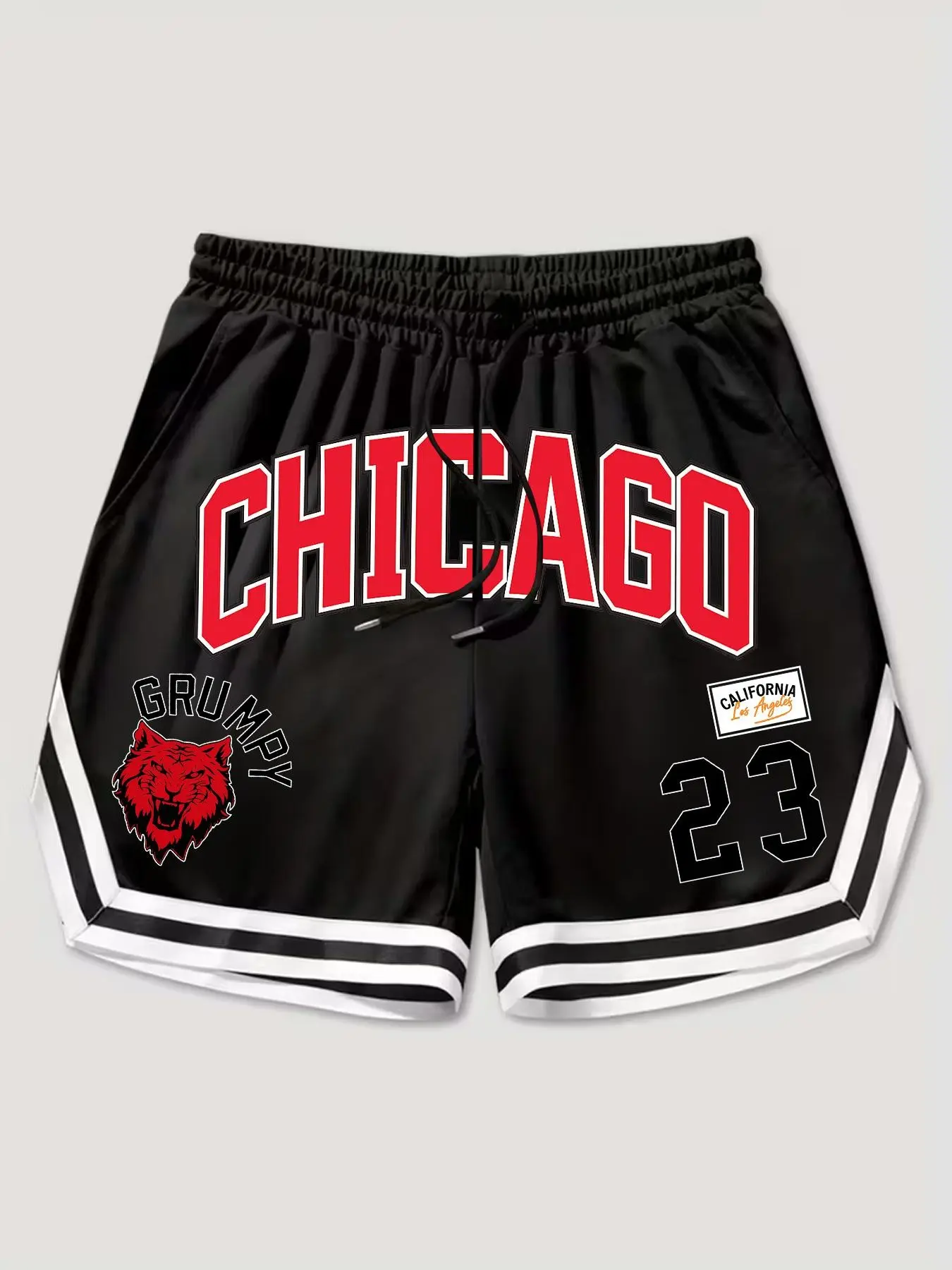 American Vintage Chicago Tiger Head Print Basketball Shorts, Contrast Striped Hem Drawstring Waist Five Inch Pants, Loose Streetwear Bottoms