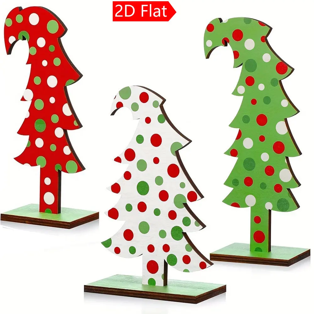 Grinch Christmas Wooden Tree Set, Three-Piece Country Style Desktop Decoration, Ideal Home and Office Decor, Unique Gift Choice