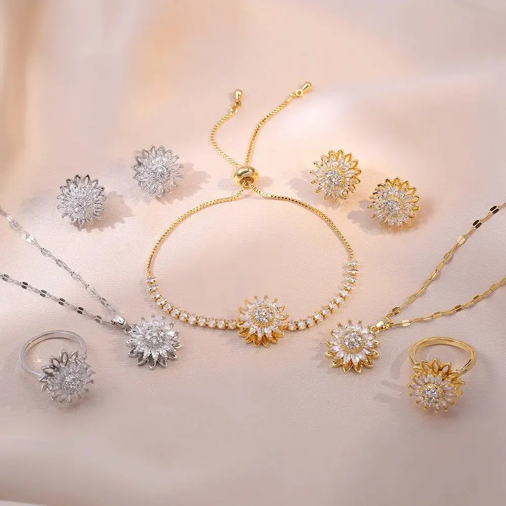 Women's 5PCS Floral Rotating Sunflower Jewelry Set - Vintage Boho Chic Fashion Accessory Set with Spinner Fidget Ring, Necklace, Bracelet, Earrings, Stress Relief, Stylish Accessories, Female Everyday Wear, Birthday Gift, Spinner Ring, Daily, Stress Relie
