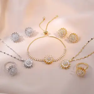 Women's 5PCS Floral Rotating Sunflower Jewelry Set - Vintage Boho Chic Fashion Accessory Set with Spinner Fidget Ring, Necklace, Bracelet, Earrings, Stress Relief, Stylish Accessories, Female Everyday Wear, Birthday Gift
