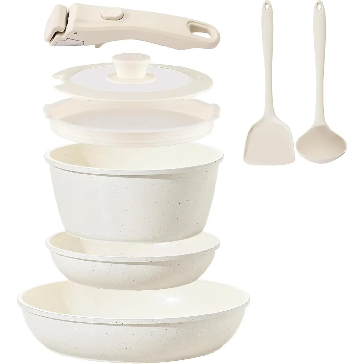 8Pcs Cream White Non-Stick Ceramic Cookware Set, Detachable Handle Induction Pots and Pans with Frying Pans, Oven & Dishwasher Safe, PFAS/PFOA Free