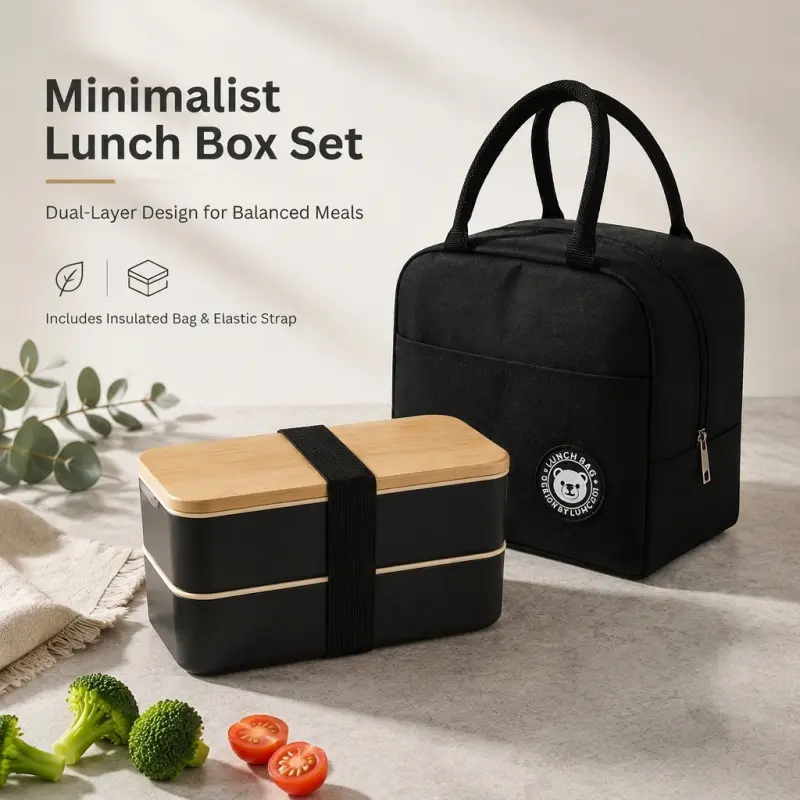 Minimalist Bento Durable Reusable Lunch Box Set - Dual-Layer Meal Prep Container with Insulated Bag & Bamboo Lid for Work & School