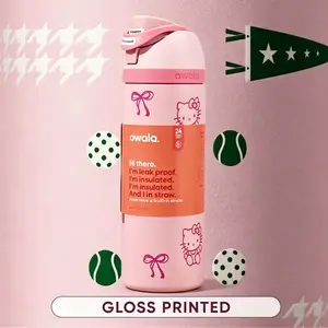 Owala Weekender 32oz Insulated Water Bottle Cute Cartoon Cat Bow Outline Print FreeSip Spout Leakproof Stainless Steel Travel Cup With Carry Handle For Pickleball Sports