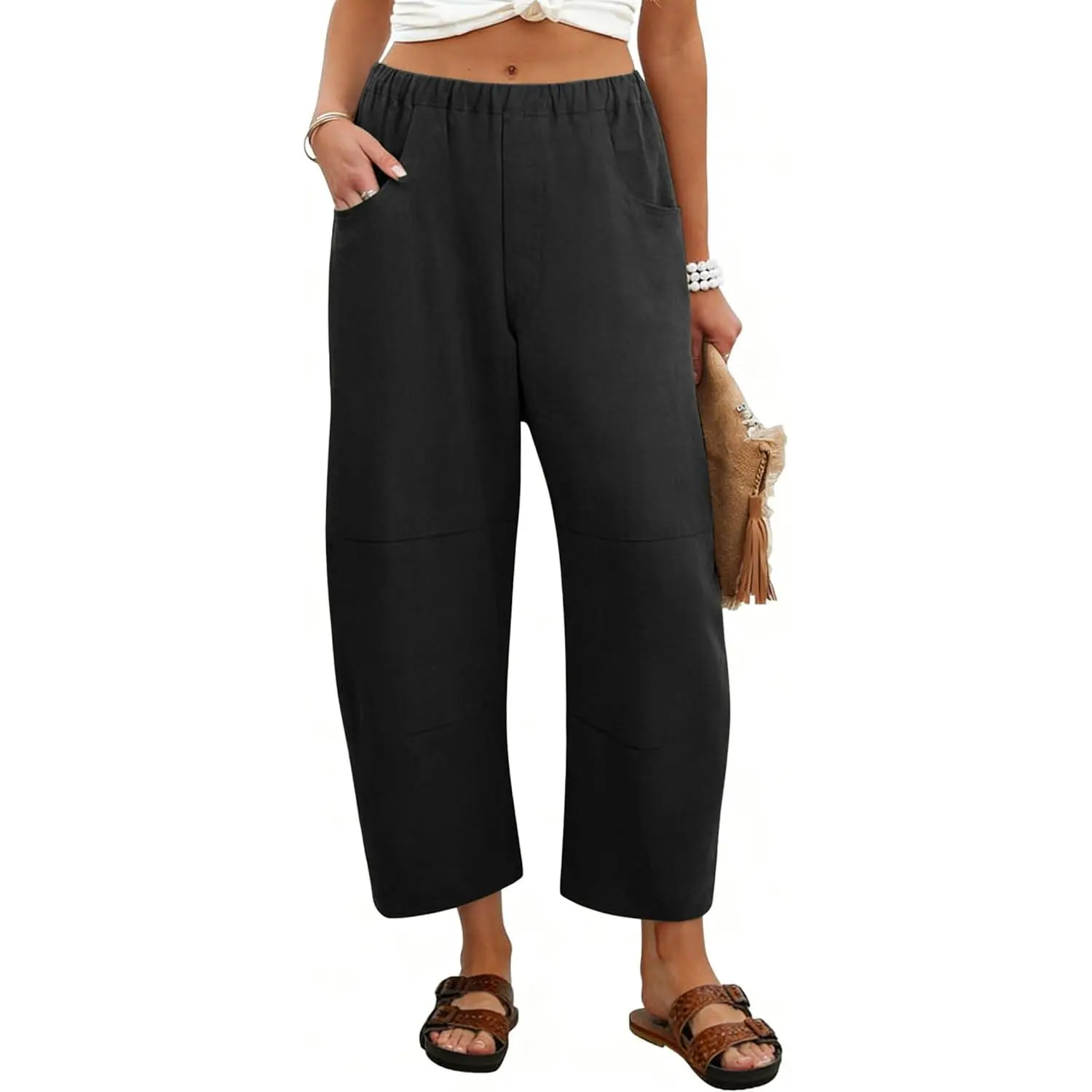 Women's Linen Wide-Leg Barrel Pants, Casual Elastic-Waist Cropped Harem Clothes with Pockets