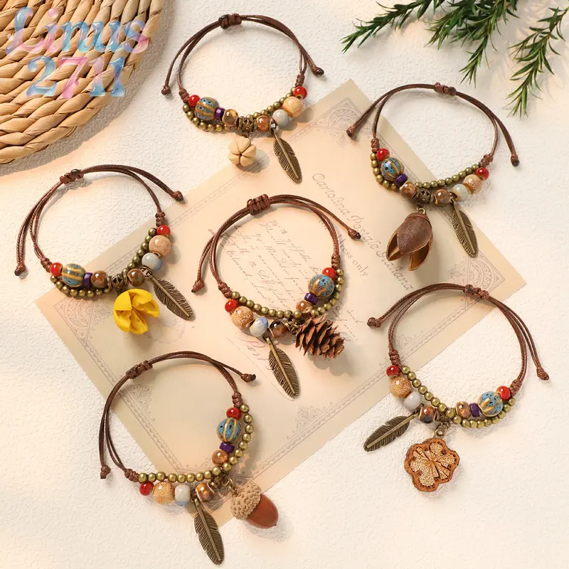 Vintage Forest Hand Woven Ceramic Bead Bracelet Natural Acorn Pinecone Leaf Charm Adjustable Wax Cord Boho Ethnic Cottagecore Women Handmade Jewelry