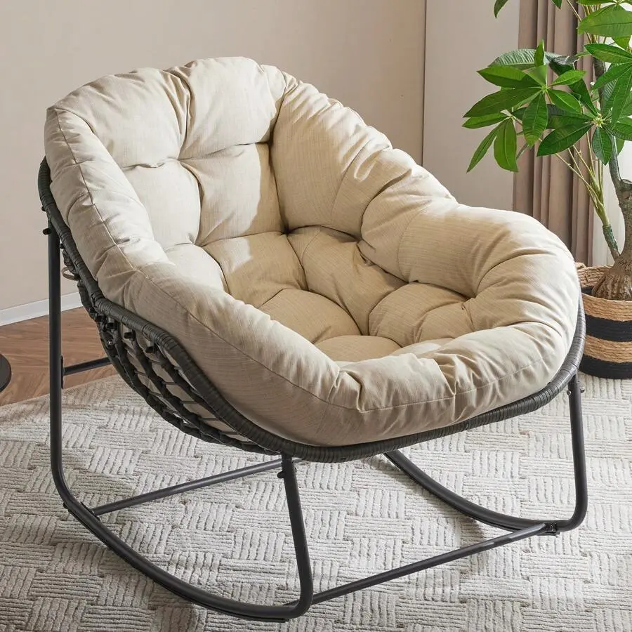 Patio Rocking Chair With Padded Cushion Indoor Outdoor Comfy Papasan Rocker Chair With Upgraded Steel Frame Oversized Rattan Egg-Shaped Lounge Chair For Front Porch, Garden, Bedroom