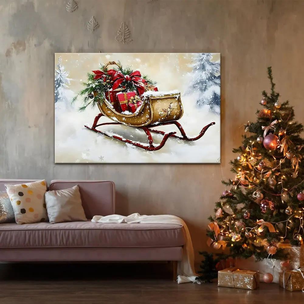 2D Flat, 2D Flat, -1pc Christmas Sleigh in The Snow Canvas Wall Art - Frameless Oil Painting Poster, Ideal for Living Room, Bedroom, Office, Etc. - Holiday Decoration