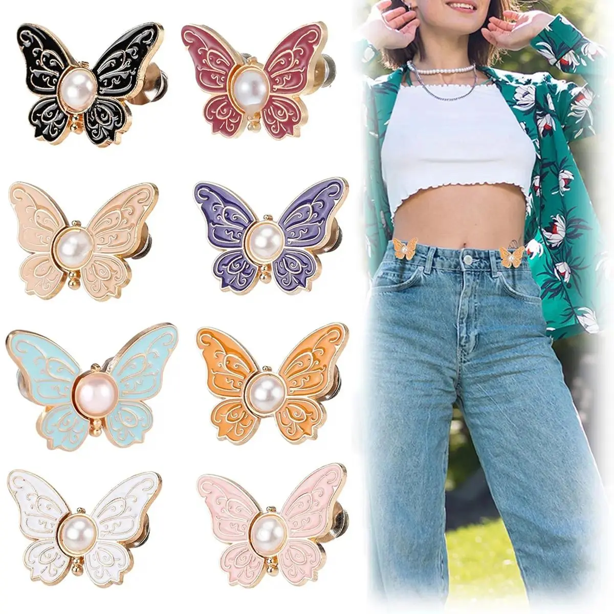 8-Piece Butterfly Waist Tightener Set, Adjustable No-Sew Jean Waist Buttons with Pearl Accents, Removable Elastic Waist Clips for Pants, Skirts & Dresses, Reusable Fashion Fit Accessories