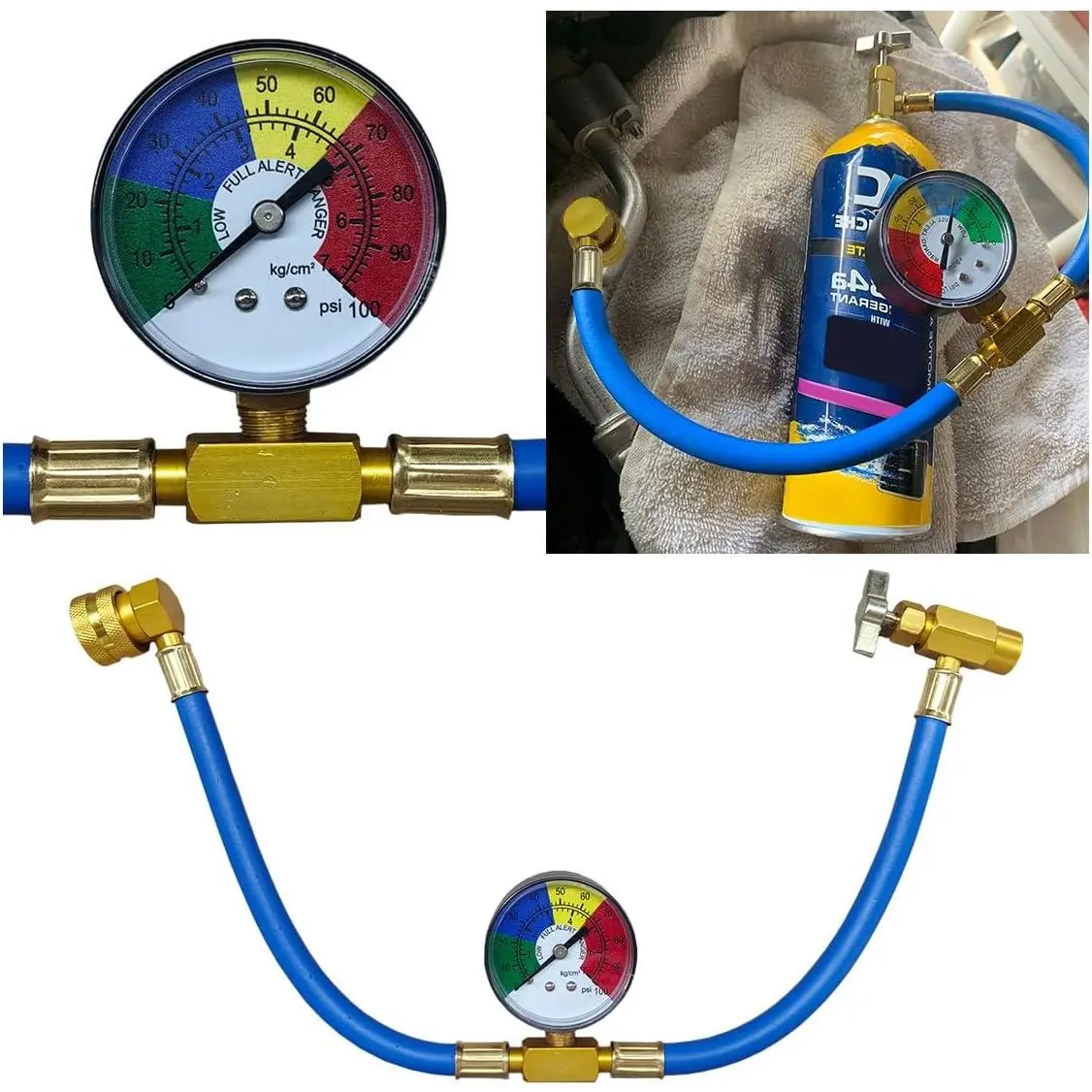 R134A AC Refrigerant Charge Rubber Hose Kit with 19in Gauge - Quick Connect Kit, 100PSI 1/2'' Can Tap, Push-Lock Couplers for Low-Pressure AC Recharge & Measurement
