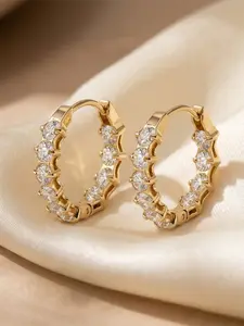 Women Gold Plated Stainless Steel Hoop Earrings With Bar Cubic Zirconia