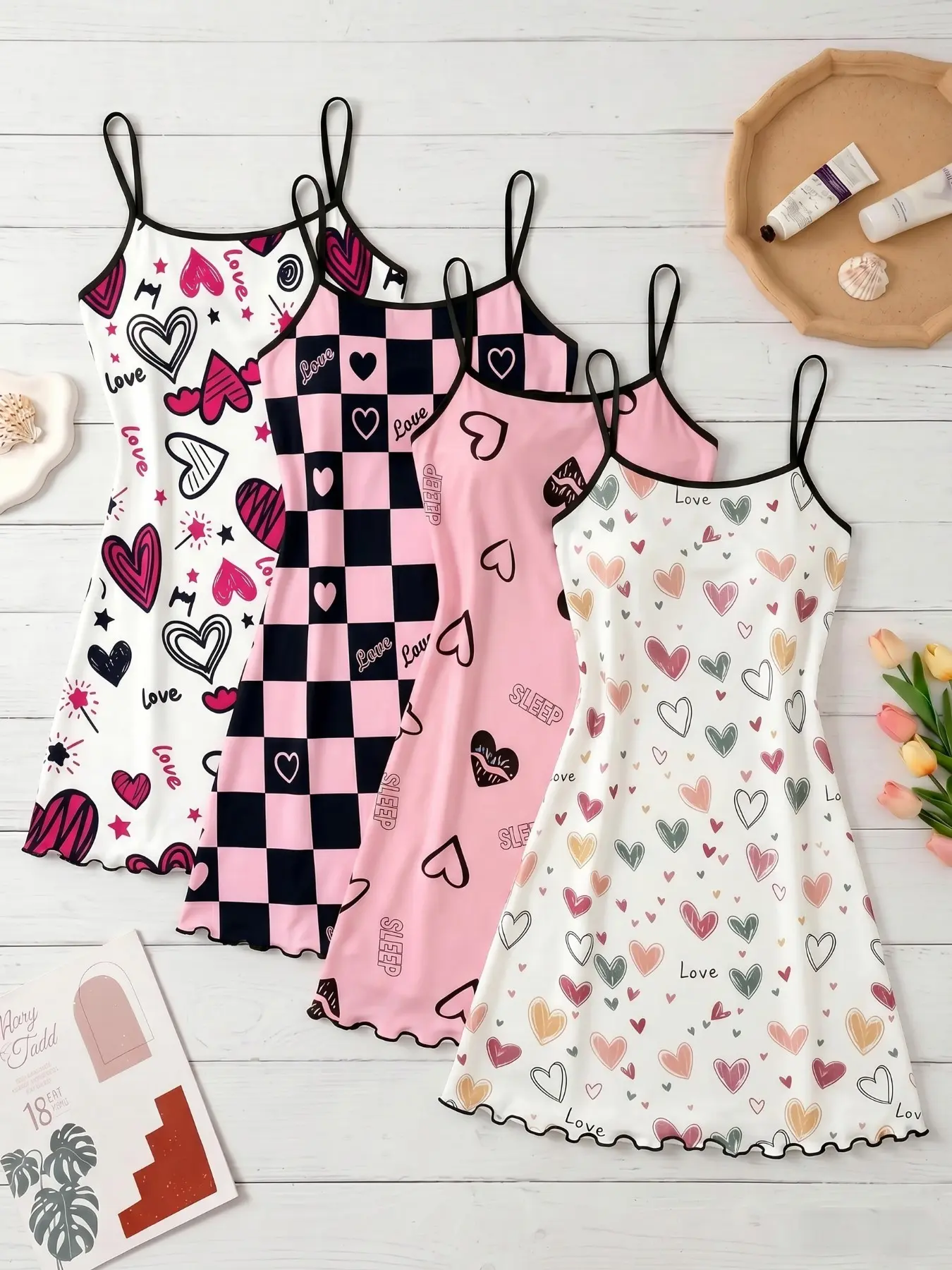 4-Pack Heart Print Nightdresses, Sleeveless Sexy Slim-Fit Pajamas, All-Over Print Home Wear, Sweet Cute Aesthetic Comfortable Loungewear Sleepwear for Women, Sleeveless Nightgown