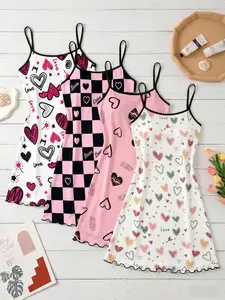 4-Pack Heart Print Nightdresses, Sleeveless Sexy Slim-Fit Pajamas, All-Over Print Home Wear, Sweet Comfortable Sleepwear for Women