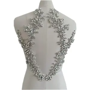 Handmade Rhinestones lace Trim Patches handsewing Beads Applique for Dress DIY Accessories (Silver)