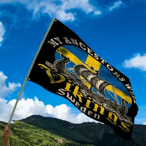 Swedish Viking Flag - Made of durable polyester, with 2 hooks and a flagpole base, black background with yellow and blue piping, featuring the "My ancestors were Swedes" motif, suitable for indoor and outdoor use, easy to hang.