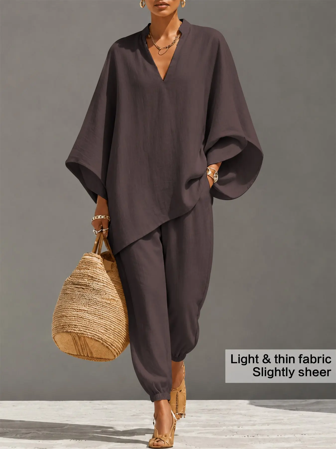 Women's Summer Thin Loose Fit Solid Deep V Neck Batwing Sleeve Pants Set, Casual Long Length 3/4 Sleeve, Comfortable Daily Wear, Multiple Colors