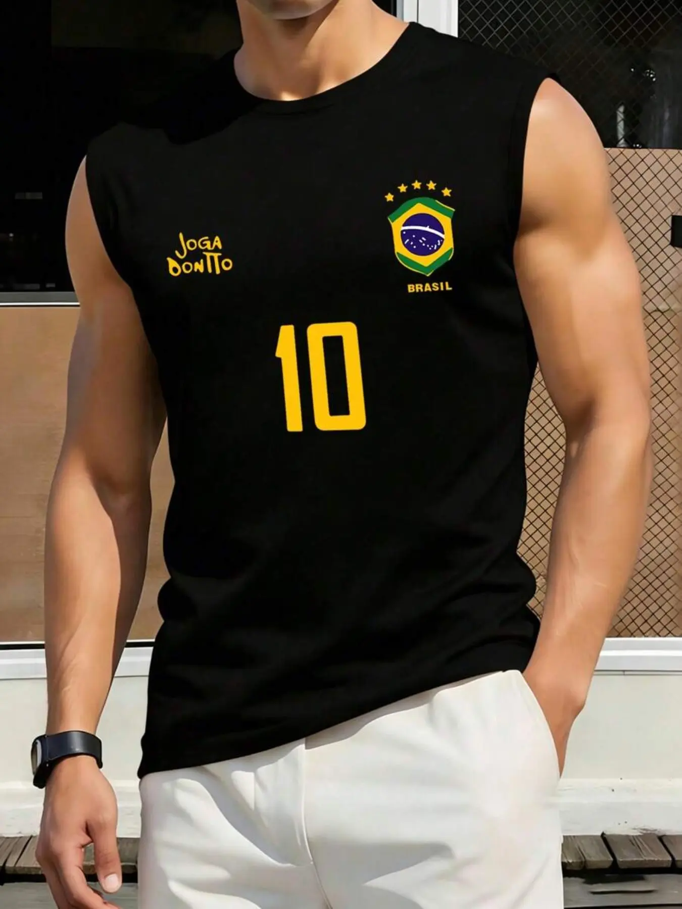 Men's Sporty Vest, Retro Brazilian Soccer Jersey, #10 Print, Casual Football Fan Wear, Mesh Outdoor Sleeveless Top, Regular Fit, Sports Vest, Athletic Sports Clothing