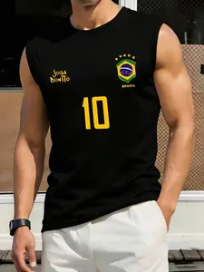 Men's Sporty Vest, Retro Brazilian Soccer Jersey, #10 Print, Casual Football Fan Wear, Mesh Outdoor Sleeveless Top, Regular Fit