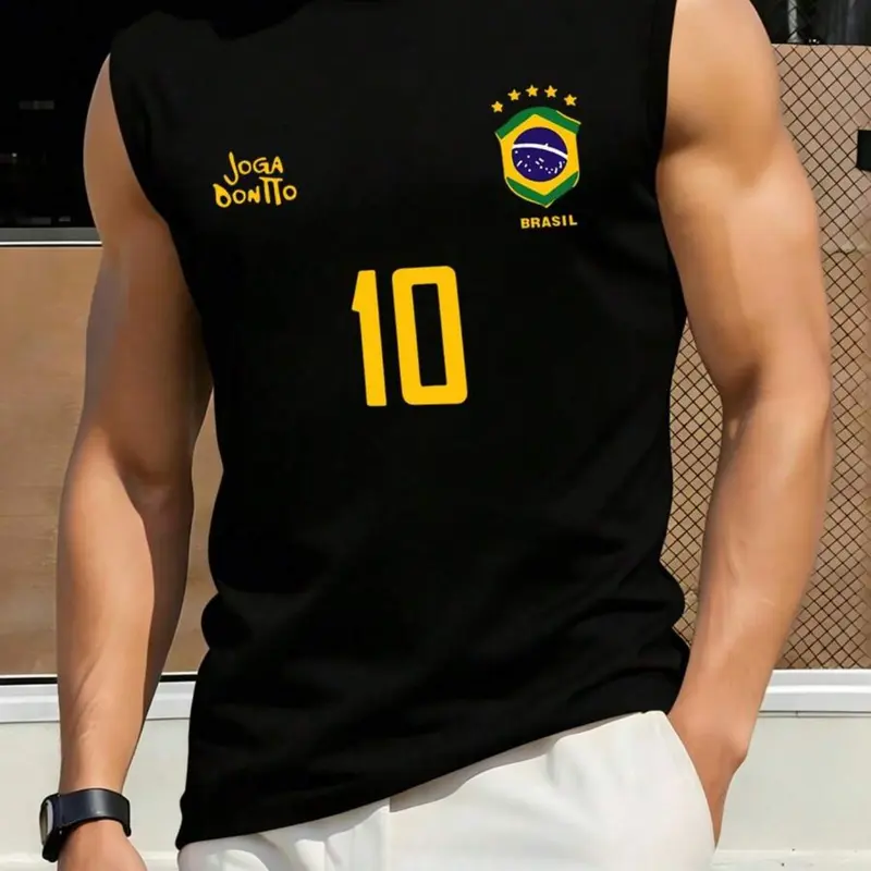 Men's Sporty Vest, Retro Brazilian Soccer Jersey, #10 Print, Casual Football Fan Wear, Mesh Outdoor Sleeveless Top, Regular Fit, Sports Vest, Sleeveless Sports Vests