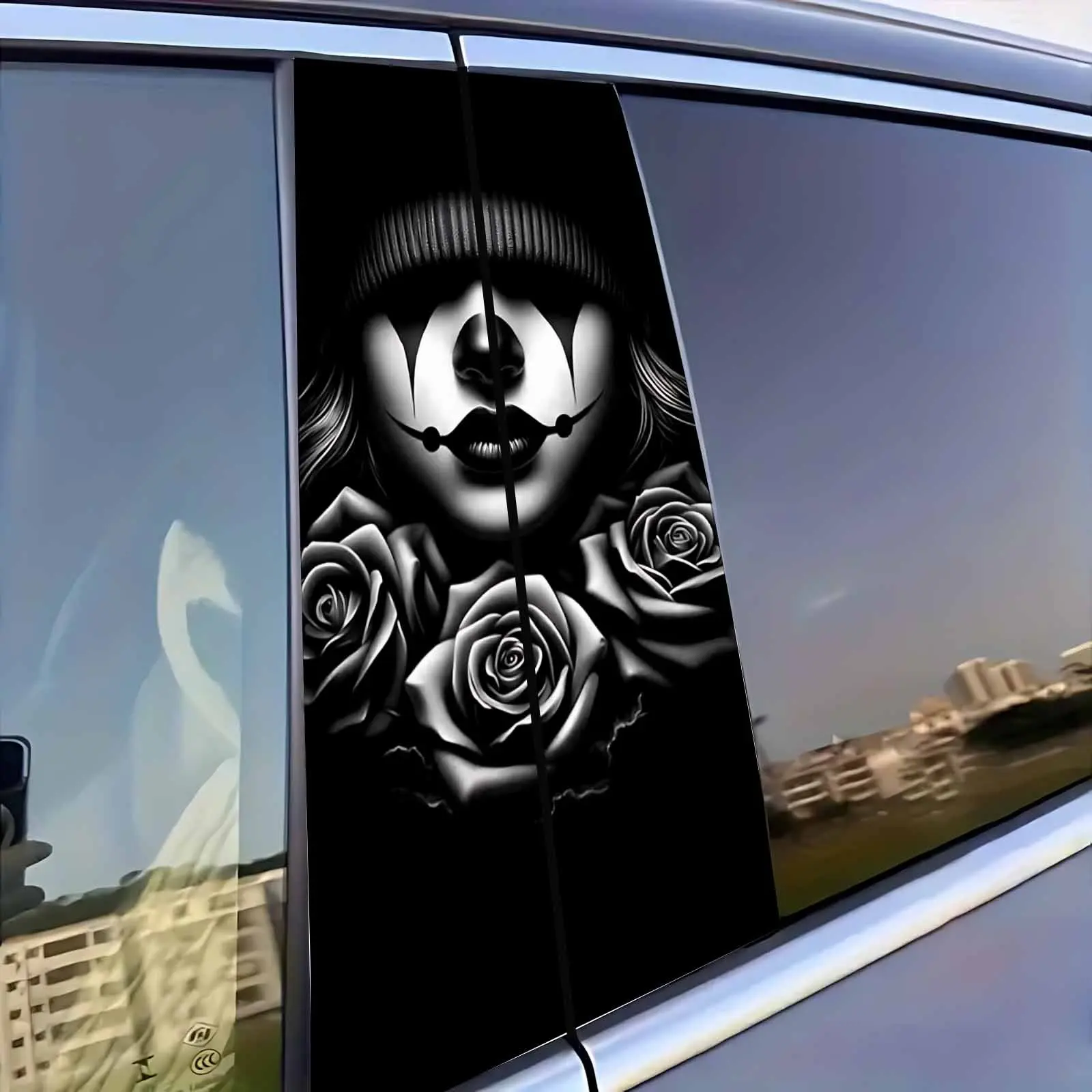 2pcs BPillar Car Stickers | Monochrome Clown with Roses Decals, Black and White Chicano Style Art, Gangster Inspired Graphics, Adhesive Vinyl Decoration for Car Windows and Panels